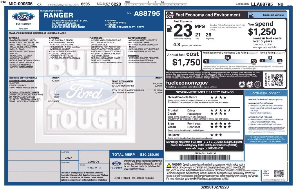 Certified 2020 Ford Ranger XL w/ Equipment Group 101A Mid image 33