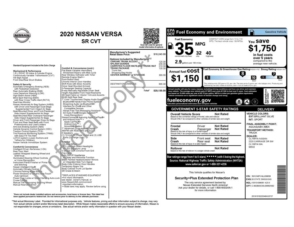 Used 2020 Nissan Versa SR w/ Trunk Package FWD image 13