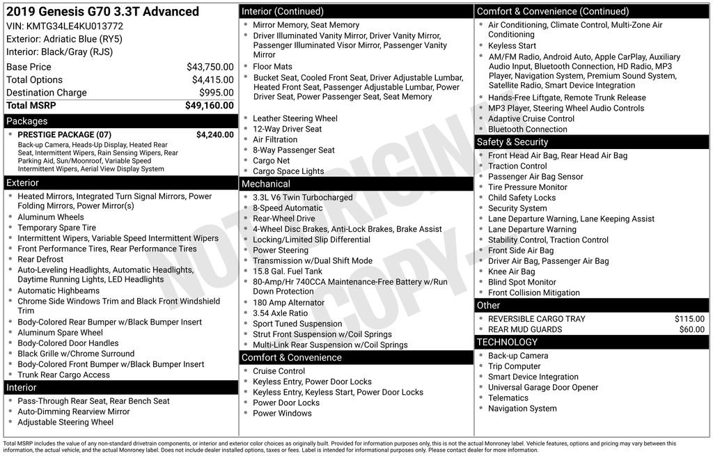 Used 2019 Genesis G70 3.3T Advanced w/ Prestige Package image 7