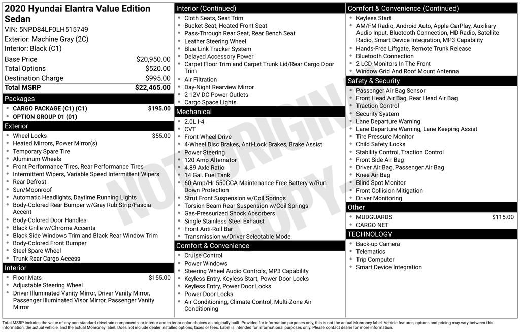 Used 2020 Hyundai Elantra Value Edition w/ Cargo Package (C1)