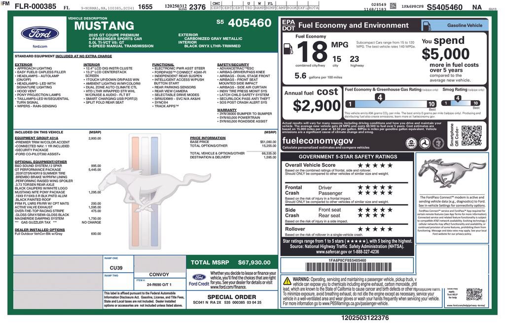 Certified 2025 Ford Mustang GT Premium w/ GT Performance Package RWD image 5