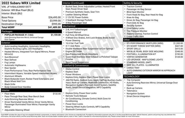 Used 2022 Subaru WRX Limited w/ Popular Package #1 image 9