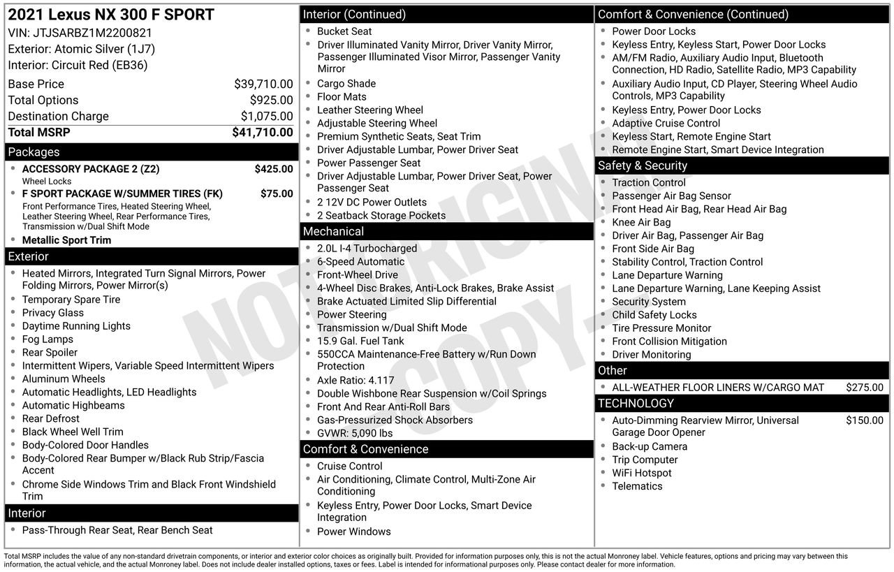 Used 2021 Lexus NX 300 F Sport w/ Accessory Package 2 FWD image 33
