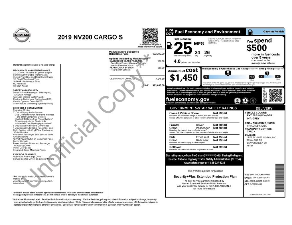 Used 2019 Nissan NV200 S w/ Back Door Glass Package