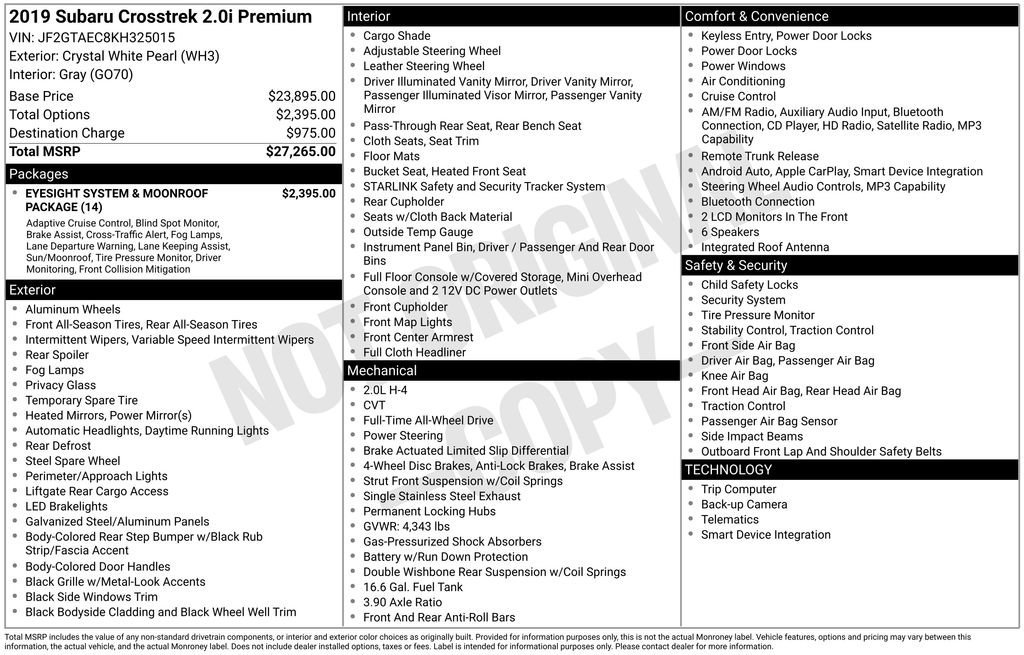 Used 2019 Subaru Crosstrek 2.0i Premium image 33