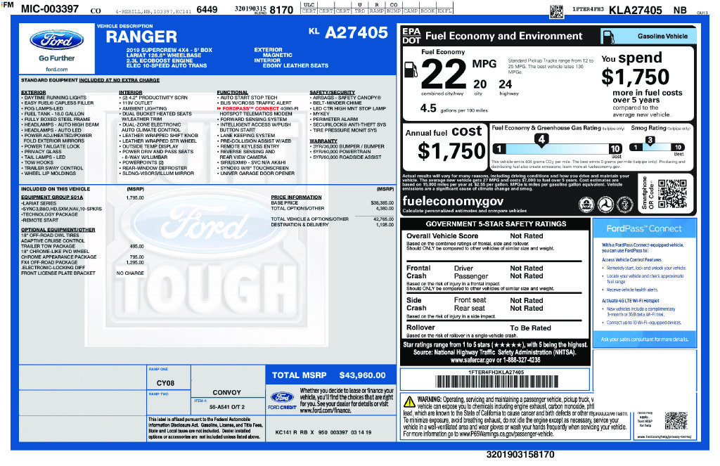 Certified 2019 Ford Ranger Lariat w/ Equipment Group 501A Mid AWD/4WD image 6