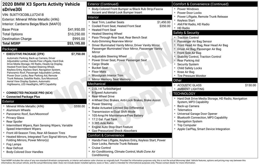 Used 2020 BMW X3 sDrive30i w/ Executive Package RWD image 3