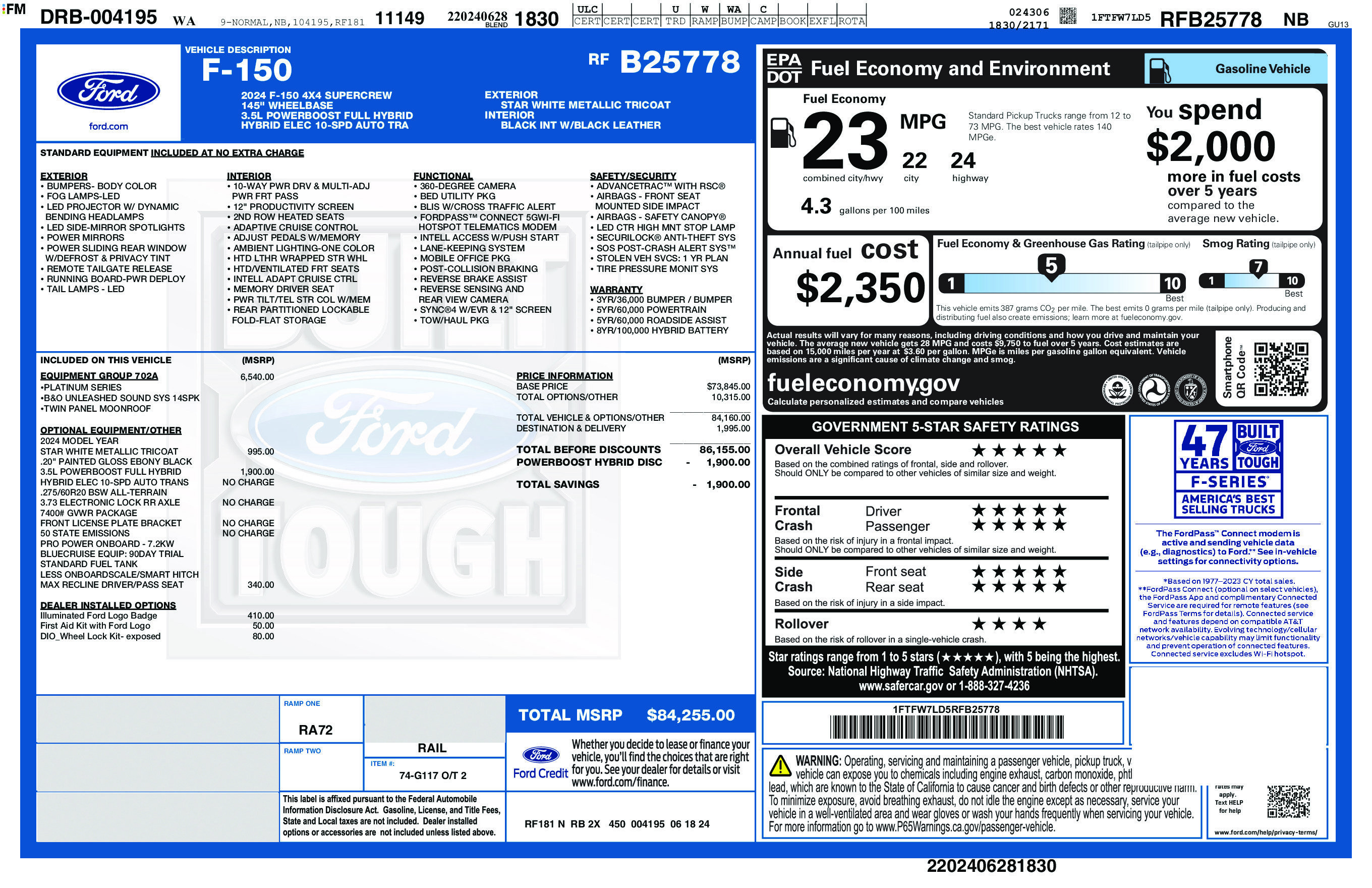 Certified 2024 Ford F150 Platinum w/ Equipment Group 702A High