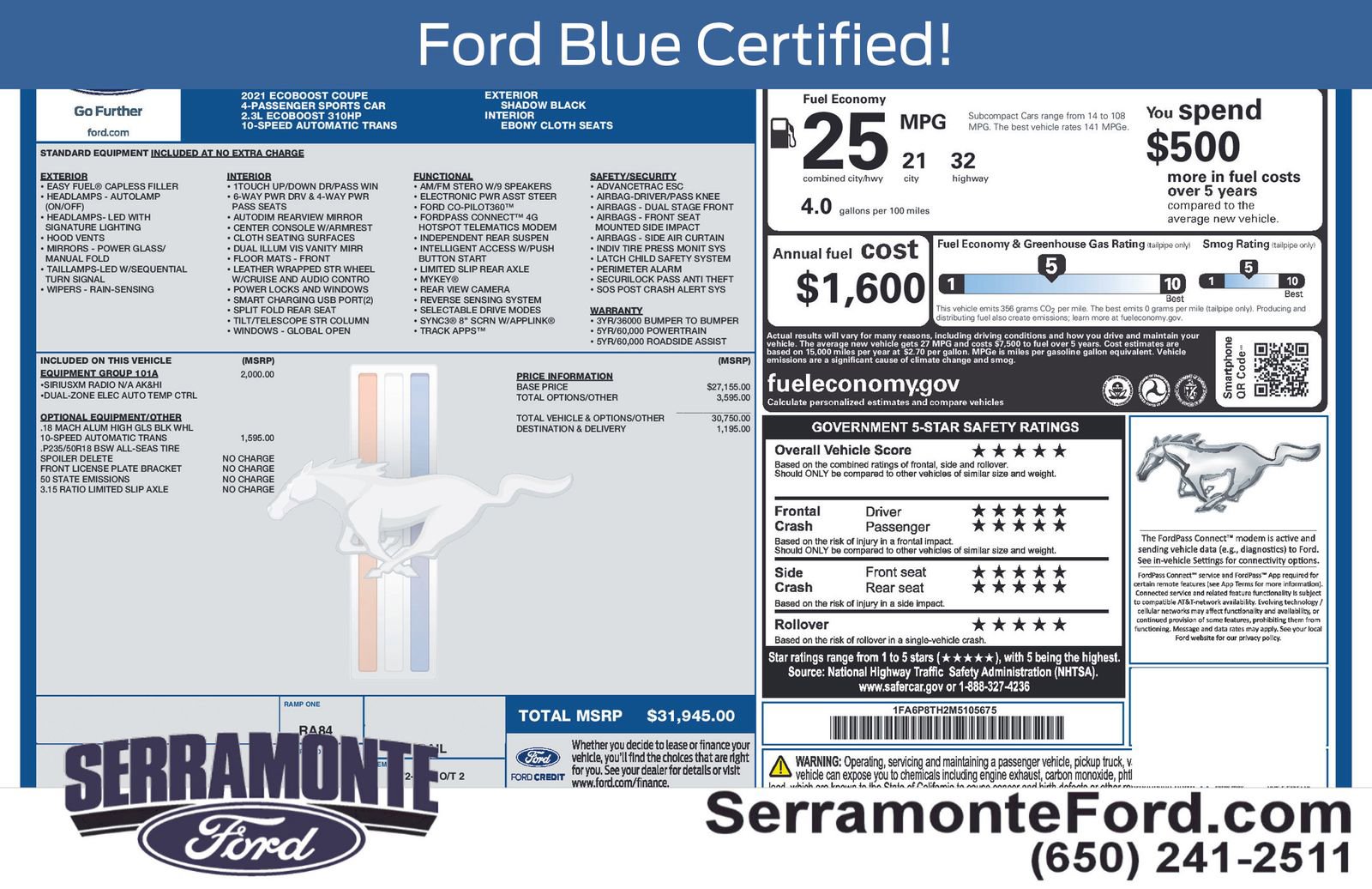 Certified 2021 Ford Mustang Coupe w/ Equipment Group 101A image 17