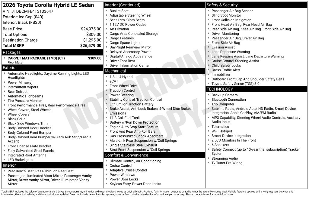 Used 2026 Toyota Corolla LE w/ Carpet Mat Package (TMS) FWD image 3