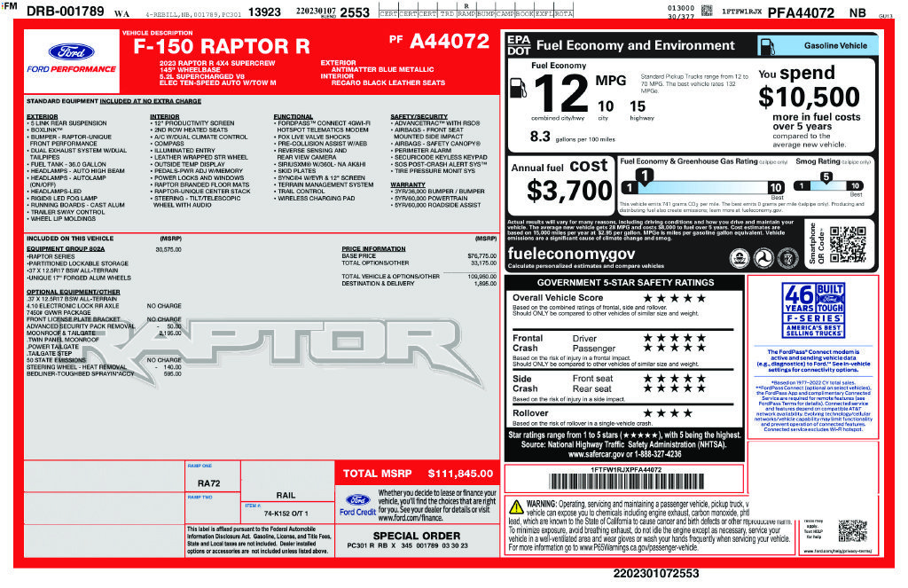 Certified 2023 Ford F150 Raptor w/ Equipment Group 802A Raptor R AWD/4WD image 14