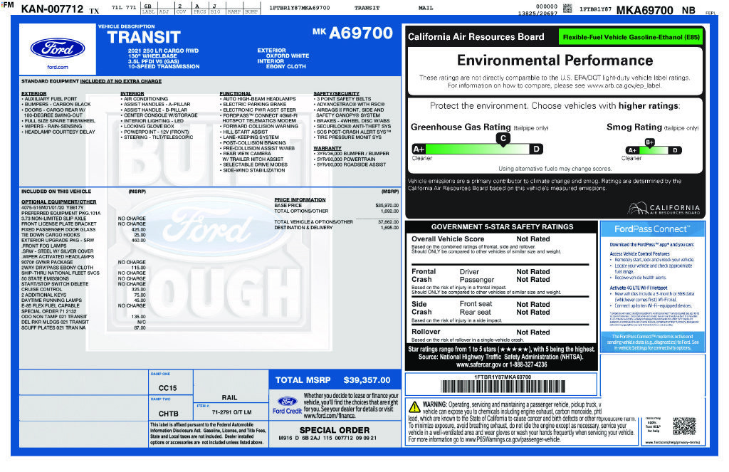 Certified 2021 Ford Transit 250 Low Roof w/ Exterior Upgrade Package