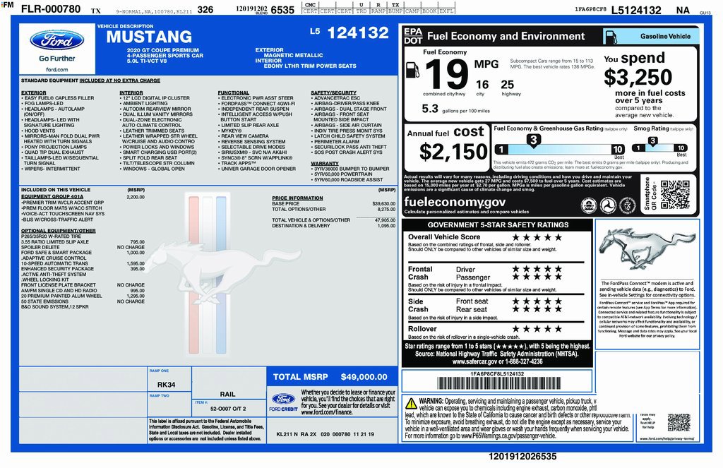 Certified 2020 Ford Mustang GT Premium w/ Equipment Group 401A