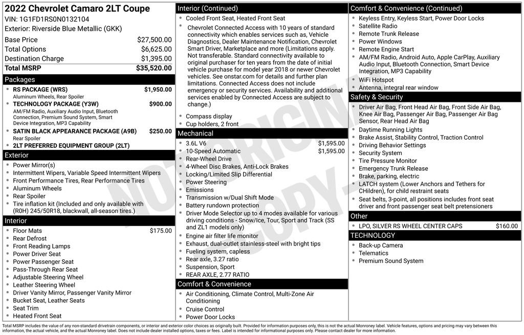 Used 2022 Chevrolet Camaro LT w/ RS Package RWD image 5