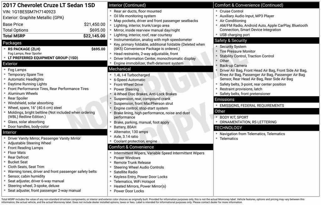 Used 2017 Chevrolet Cruze LT w/ RS Package image 1
