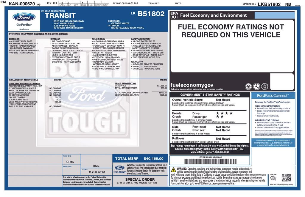 Certified 2020 Ford Transit 250 Medium Roof w/ Load Area Protection Package