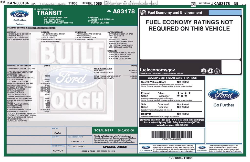 Certified 2018 Ford Transit 150 148 Low Roof w/ Premium Package RWD image 2