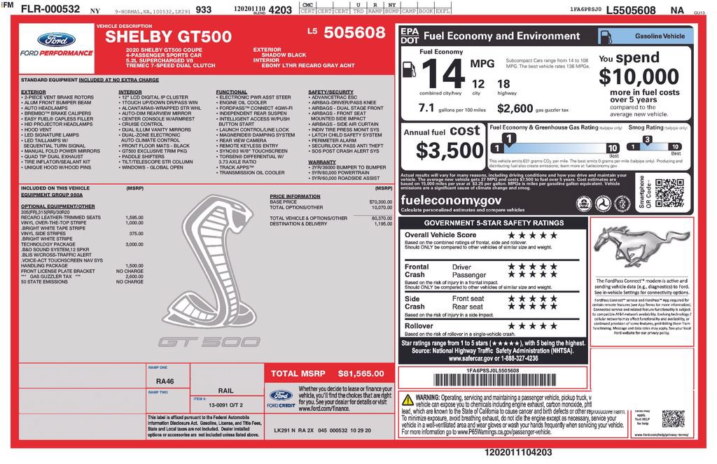 Certified 2020 Ford Mustang Shelby GT500 w/ Technology Package RWD image 35