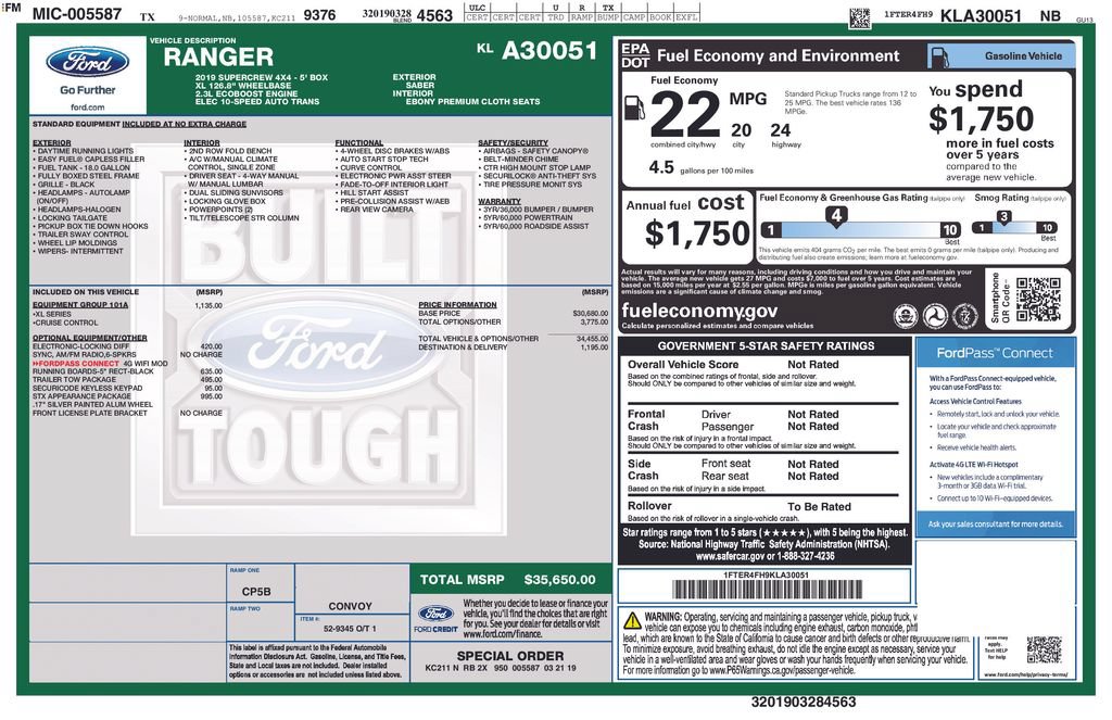 Certified 2019 Ford Ranger XL w/ Equipment Group 101A Mid AWD/4WD image 13
