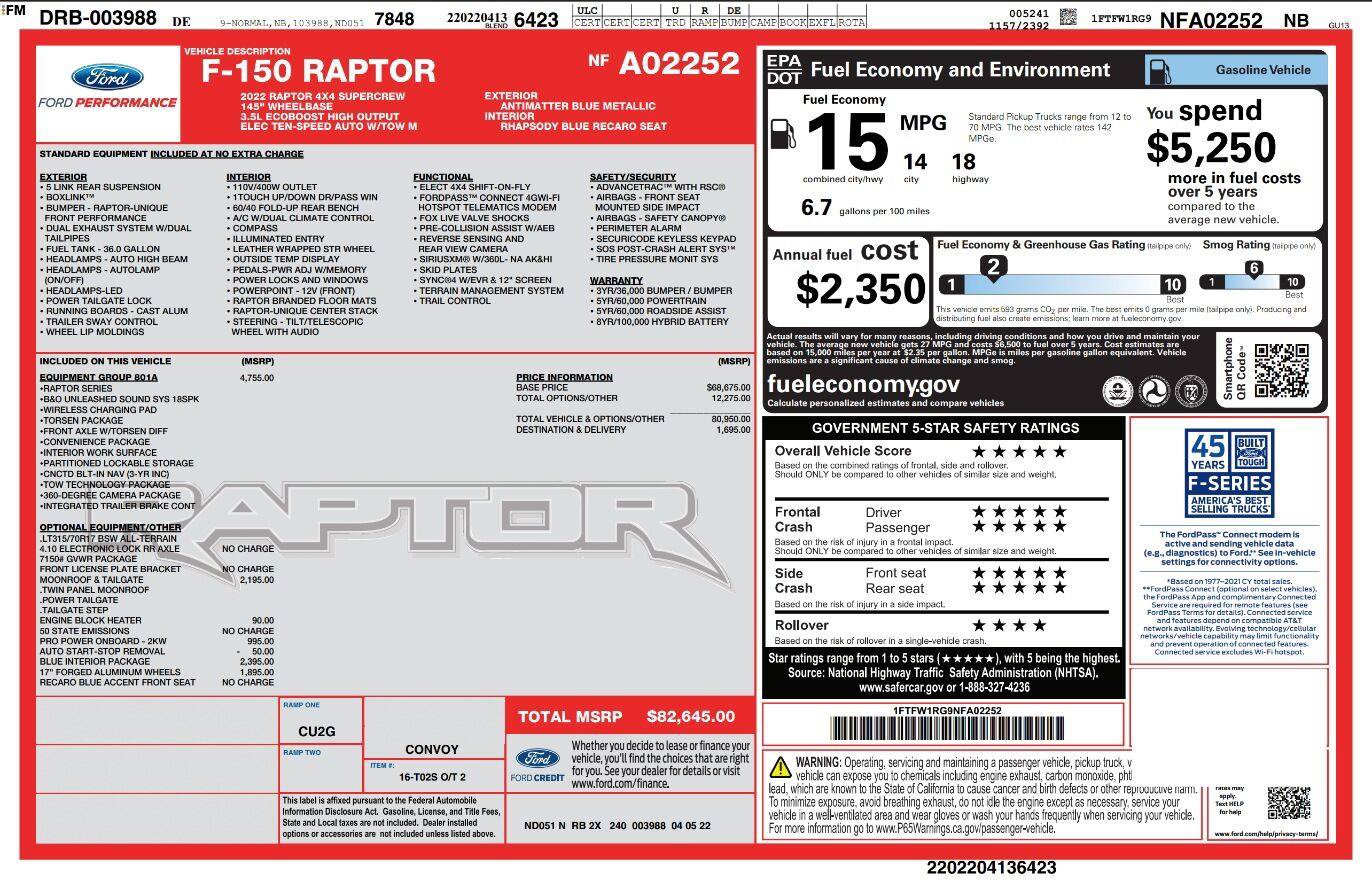 Certified 2022 Ford F150 Raptor w/ Equipment Group 801A High AWD/4WD image 3